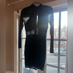 Black Velvet Pattern Long Sleeve Mini Dress with slit in chest